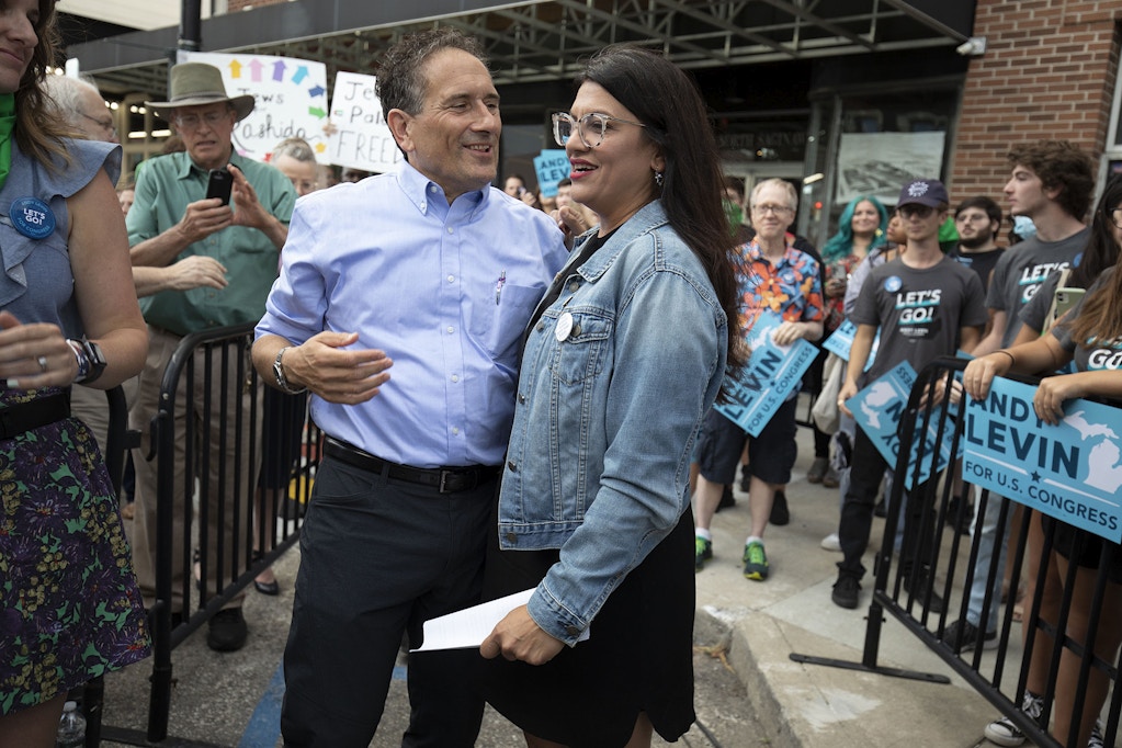 PONTIAC, MI - JULY 29: Michigan Democratic Reps. Andy Levin and Rashida Tlaib hold a campaign rally on July 29, 2022 in Pontiac, Michigan. The rally featured Senator Bernie Sanders (I-VT) who was there to campaign for them. The Michigan Primary is on August 2. (Photo by Bill Pugliano/Getty Images)