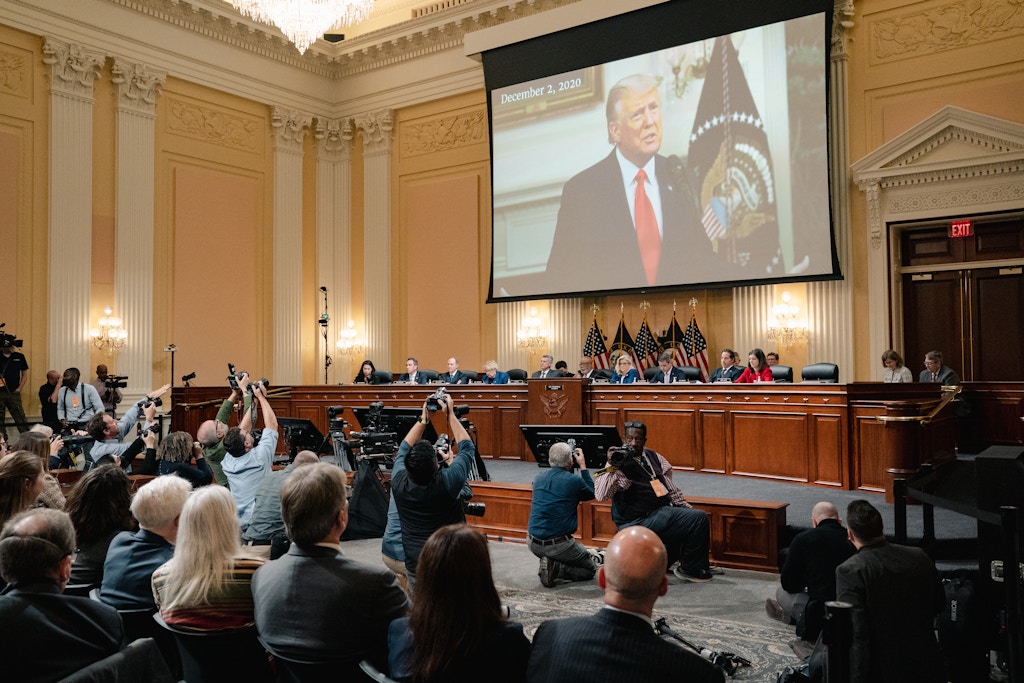 WASHINGTON, DC - October 13: Members of committee watch a video footage of Former President Donald Trump during the last scheduled hearing of the Select Committee to Investigate the January 6th Attack at Canon Office Building on Capitol Hill in Washington, DC on October 13, 2022. (Photo by Shuran Huang for The Washington Post via Getty Images)