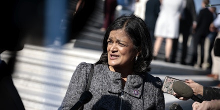 Chair of the Congressional Progressive Caucus Rep. Pramila Jayapal (D-WA) speaks with reporters outside the U.S. Capitol Building on November 18, 2021 in Washington, DC. DC. Democratic leaders in the House are waiting on the final Congressional Budget Office cost estimate for President Joe Biden's Build Back Better before scheduling a vote on the $1.75 trillion social benefits and climate legislation. (Photo by Anna Moneymaker/Getty Images)
