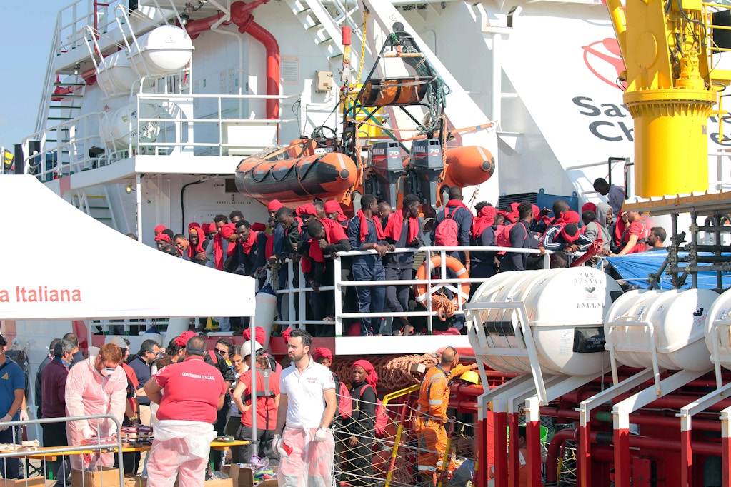 Migrants during disembarking from Vos Hestia of Save the Children in the port of Crotone, Italy, on June 6, 2021.