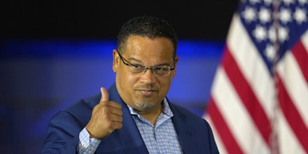 Minnesota Attorney General Keith Ellison acknowledges the crowd after speaking about reproductive rights Saturday, Oct. 22, 2022, in St. Paul, Minn. (AP Photo/Abbie Parr)