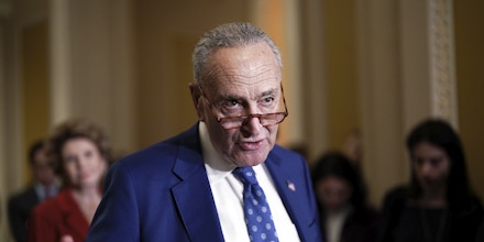 Senate Majority Leader Chuck Schumer, D-N.Y., speaks to reporters following a closed-door policy meeting on the Democrats' lame duck agenda, at the Capitol in Washington, Tuesday, Nov. 15, 2022. (AP Photo/J. Scott Applewhite)