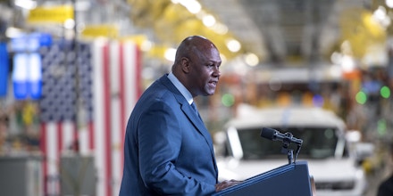 United Auto Workers President Ray Curry speaks at the General Motors Factory ZERO electric vehicle assembly plant on November 17, 2021 in Detroit, Michigan.