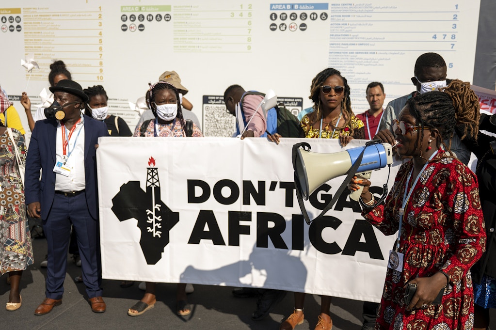 Activists from Africa demonstrate against gas extraction in African countries at the COP27 climate summit, on Nov. 15, 2022, in Scharm El Scheich, Egypt.