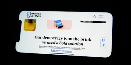 The website for the Mobile Voting Project is seen on an iPhone on Nov. 3, 2022.