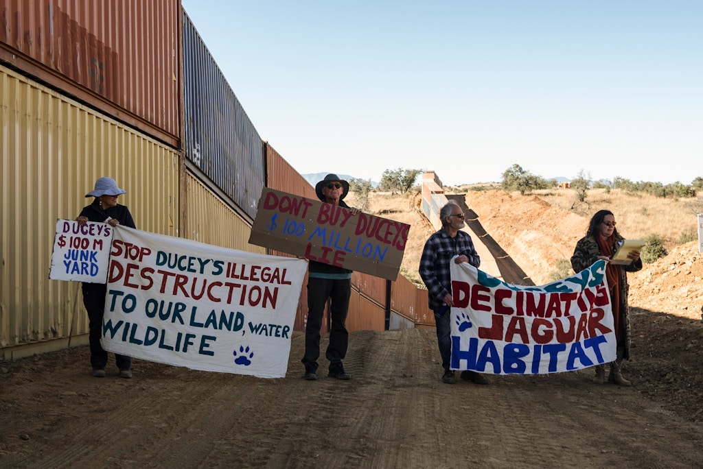 Protestors block construction of Gov. Ducey’s shipping container wall on the U.S.-Mexico border in the Coronado National Forest in Ariz., on November 29th, 2022.