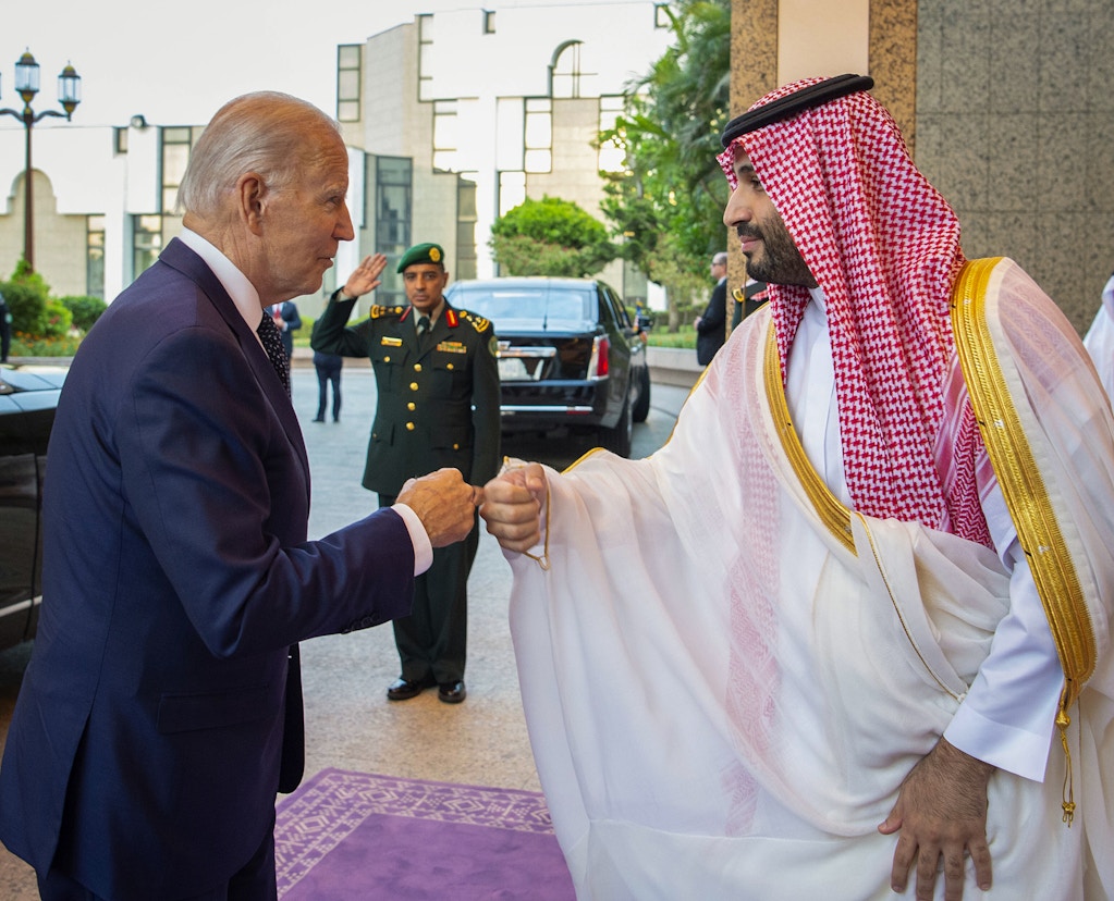 US President Joe Biden being welcomed by Saudi Arabian Crown Prince Mohammed bin Salman in Jeddah, Saudi Arabia on July 15, 2022.