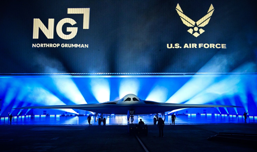The B-21 Raider is unveiled during a ceremony at Northrop Grumman's Air Force Plant 42 in Palmdale, California, December 2, 2022. The high-tech stealth bomber can carry nuclear and conventional weapons and is designed to be able to fly without a crew on board and is on track to cost nearly $700 million per plane.