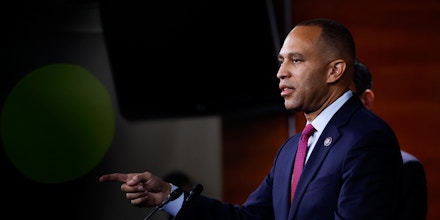 WASHINGTON, DC - DECEMBER 06: Rep. Hakeem Jeffries (D-NY) who was recently elected leader of the House Democratic caucus for the 118th Congress, speaks at a press conference at the U.S. Capitol Building on December 06, 2022 in Washington, DC. The incoming House Democratic Leaders spoke on legislative tasks ahead of their holiday recess including passage of the annual National Defense Authorization Act and government funding for 2023. (Photo by Anna Moneymaker/Getty Images)