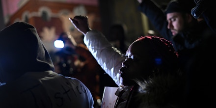 MEMPHIS, TN - JANUARY 27:  Demonstrators protest the the killing of Tyre Nichols on January 27, 2023 in Memphis, Tennessee. Nichols, a 29-year-old Black man was pulled over by Memphis police officers during a traffic stop on January 7, and soon after beaten unconscious by five officers. Memphis police officers Tadarrius Bean, Demetrius Haley, Emmitt Martin III, Desmond Mills Jr., and Justin Smith were all fired from the department and arrested on multiple charges including second-degree murder. (Photo by Joshua Lott/The Washington Post via Getty Images)
