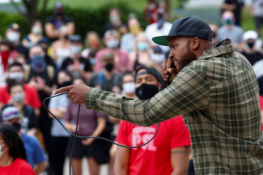 Trey Quinn, one of the organizers of Denver's racial justice demonstrations, speaks on the steps of Denver City Hall on June 29, 2020. Mickey Windecker and the FBI targeted Quinn as part of the undercover probe.