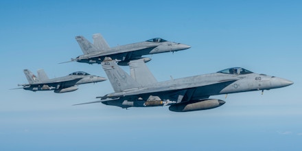 U.S. Navy F/A-18 Super Hornets fly within the U.S. Central Command area of responsibility during exercise Juniper Oak, Jan, 25, 2023. Juniper Oak is a large-scale bilateral multi-domain military exercise aimed to enhance interoperability between U.S. and Israeli armed forces contributing to integrated regional security. (U.S. Air Force photo by Staff Sgt. Kirby Turbak)