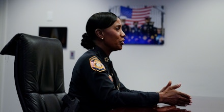 Memphis Police Director Cerelyn Davis speaks during an interview with The Associated Press in Memphis, Tenn., Friday, Jan. 27, 2023, in advance of the release of police body cam video showing Tyre Nichols being beaten by Memphis police officers. Nichols later died as a result of the incident. (AP Photo/Gerald Herbert)