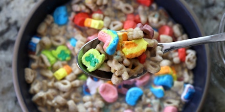 A bowl of General Mills Lucky Charms cereal is displayed on April 18, 2022, in San Anselmo, Calif.