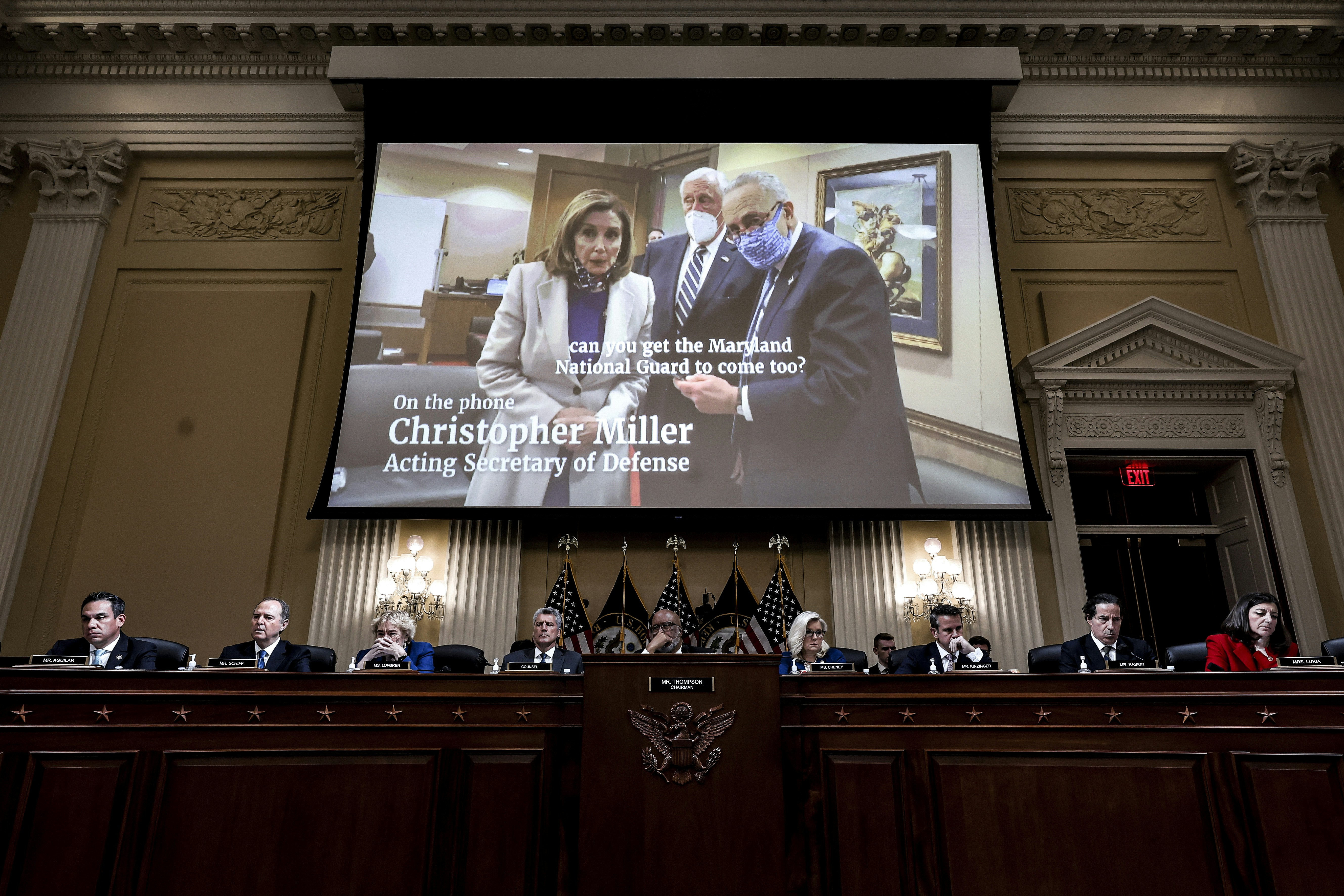 WASHINGTON, DC - OCTOBER 13: A video of U.S. Speaker of the House Nancy Pelosi (D-CA), Senate Majority Leader Charles Schumer (D-NY) and House Majority Leader Steny Hoyer (D-MD)  is played during a hearing by the House Select Committee to Investigate the January 6th Attack on the U.S. Capitol in the Cannon House Office Building on October 13, 2022 in Washington, DC. The bipartisan committee, in possibly its final hearing, has been gathering evidence for almost a year related to the January 6 attack at the U.S. Capitol. On January 6, 2021, supporters of former President Donald Trump attacked the U.S. Capitol Building during an attempt to disrupt a congressional vote to confirm the electoral college win for President Joe Biden. (Photo by Alex Wong/Getty Images)