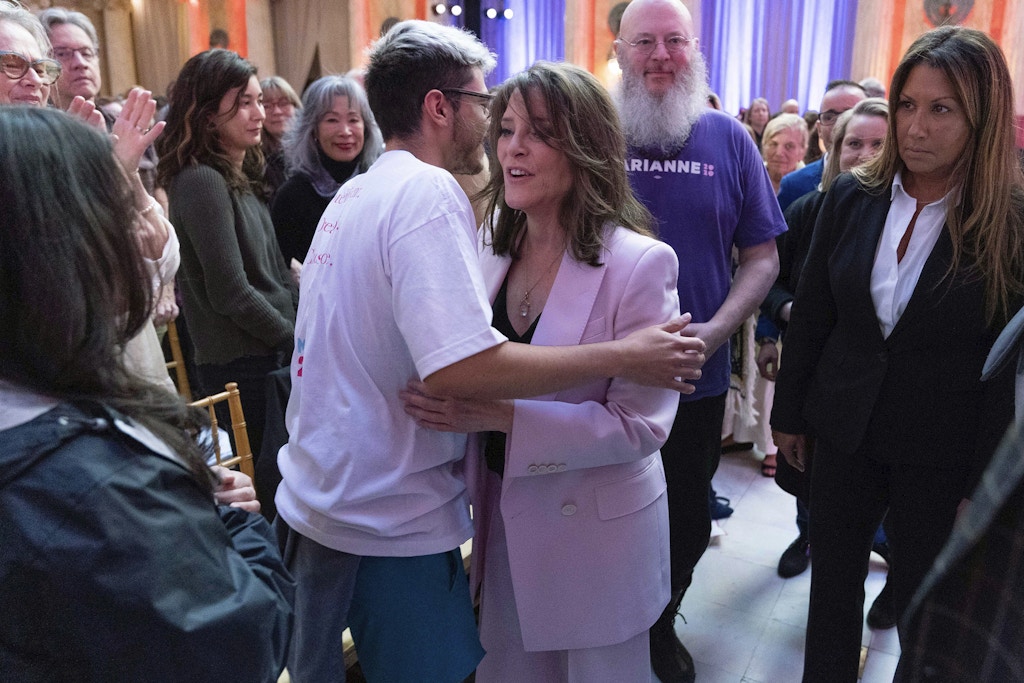 Marianne Williamson greets supporters as she launches her 2024 presidential campaign in Washington, Saturday, March 4, 2023. The 70-year-old onetime spiritual adviser to Oprah Winfrey became the first Democrat to formally challenge President Joe Biden for the 2024 nomination. (AP Photo/Jose Luis Magana)