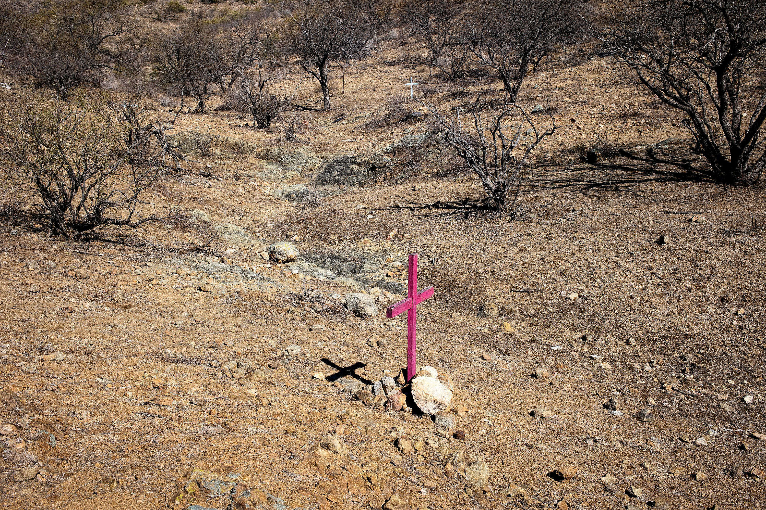 ALTAR VALLEY, ARIZONA- JANUARY 28: Crosses left by border activists mark the locations where the remains of migrants who died trying to cross into the United States through the harsh conditions of the Sonoran Desert were discovered, January 28, 2021 in the Altar Valley, Arizona. Over 220 deaths were reported in this section of the desert in 2020 and the number is probably much higher. (Photo by Andrew Lichtenstein/Corbis via Getty Images)