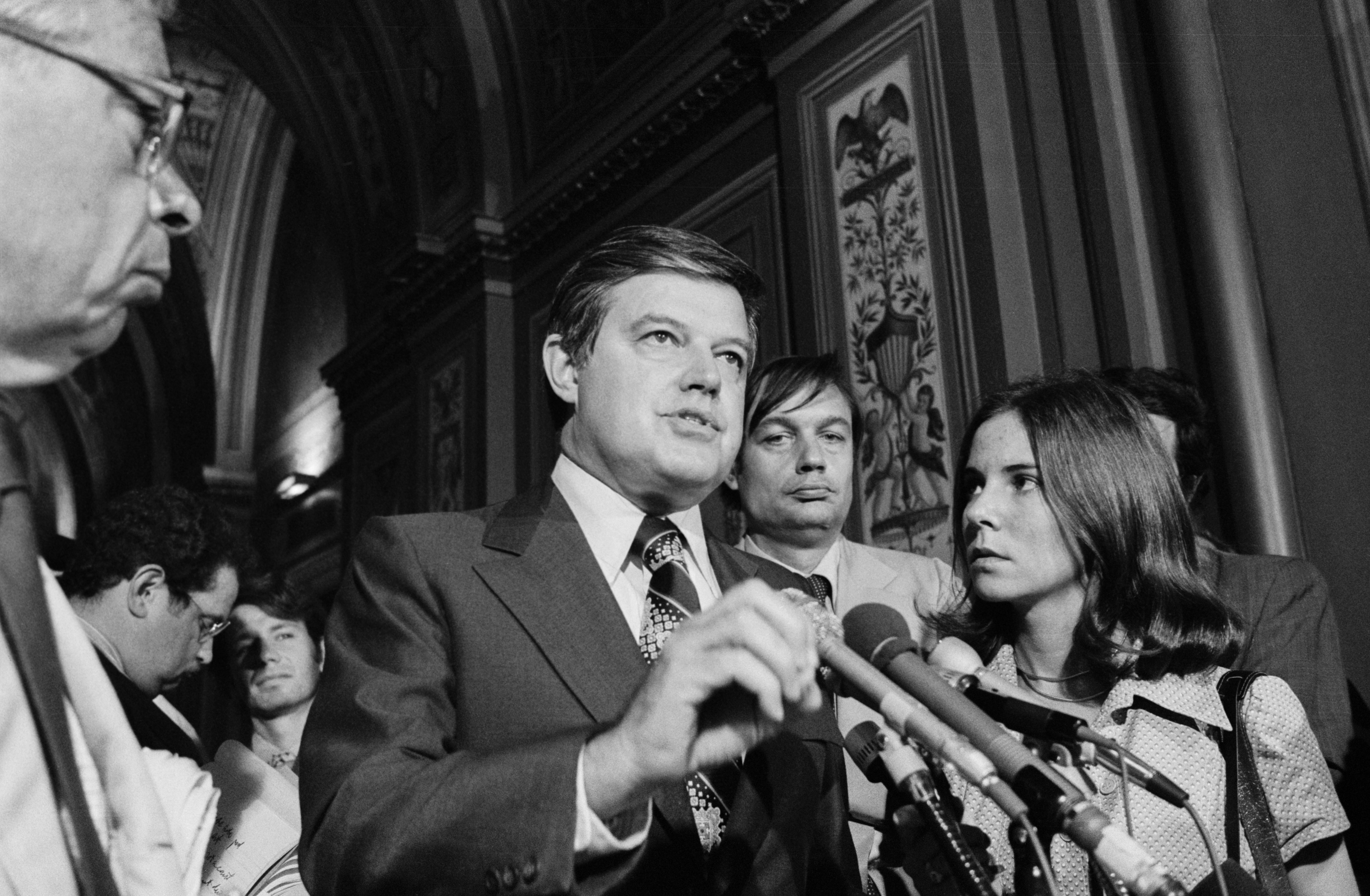 (Original Caption) Senator Frank church (D-Idaho), chairman of the Senate Select committee on Intelligence, tells newsmen July 10 that his committee, which has been investigating CIA activities, has been getting Excellent cooperation from the White house. But he said the F.B.I. had not turned over material requested nearly two months ago.